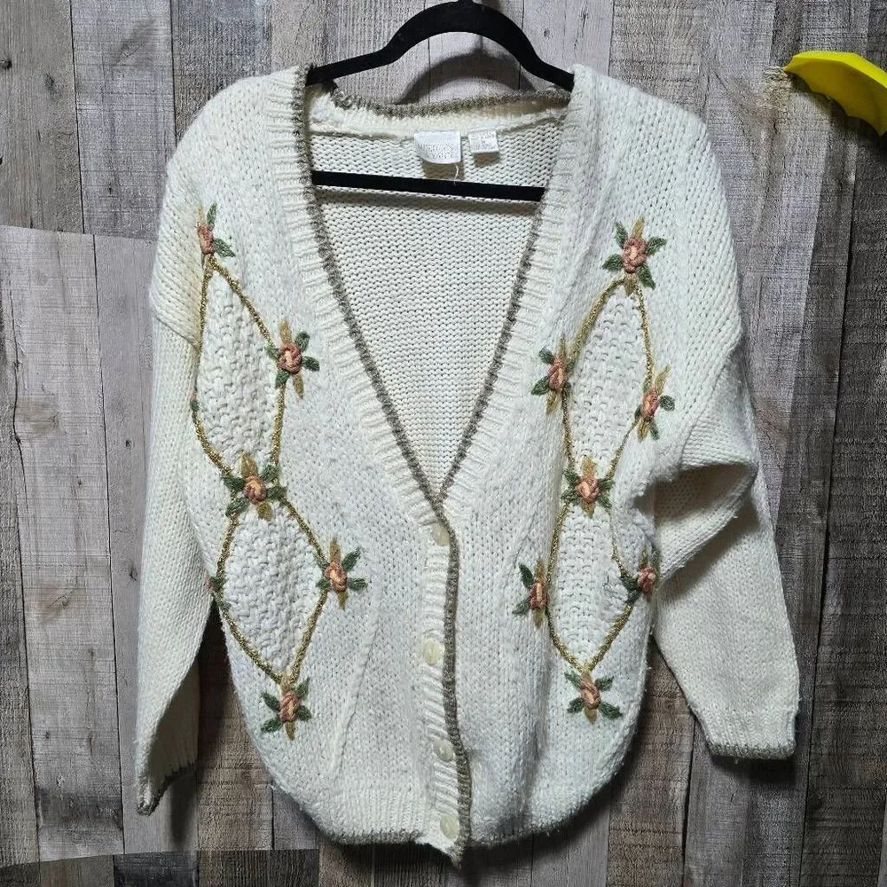 Needles & Yarn Vintage Cream Floral Diamond Knit Cardigan Sweater Medium Cottage